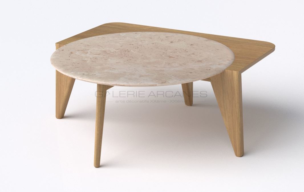 Table basse “Satelline” blanche, chêne et travertin, 2019 | Pierre-Rémi Chauveau