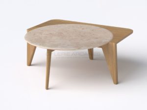 Table basse “Satelline” blanche, chêne et travertin, 2019 | Pierre-Rémi Chauveau