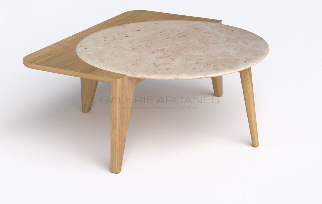 Coffee table, White “Satelline”, Oak and Travertine, 2019 | Pierre-Rémi Chauveau