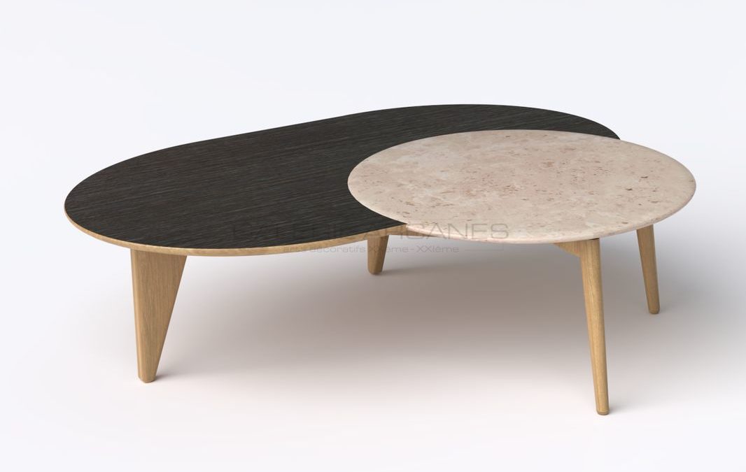 Table basse “Satelline” noire, chêne et travertin, 2019 | Pierre-Rémi Chauveau