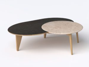 Table basse “Satelline” noire, chêne et travertin, 2019 | Pierre-Rémi Chauveau