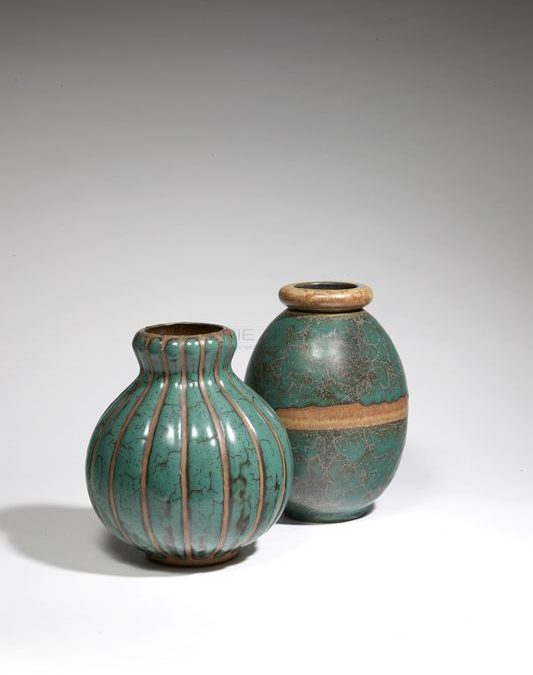 Grand vase ovoïde émaillé vert craquelé, grès, 1900-1930 | Louis Lourioux