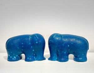 Two stylised  elephants, blue glaze | Raoul Lachenal